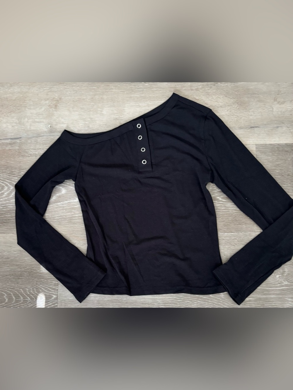 Asymmetric top black Long-Sleeve Women's Top with Snap Detail